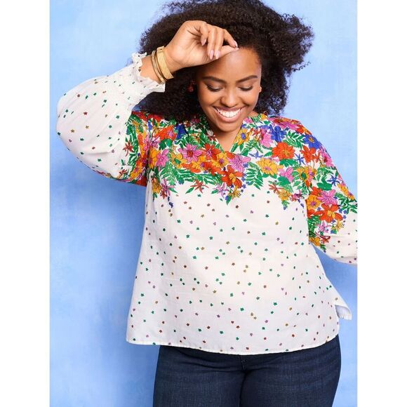 Talbots "Blissful Floral" White w/Multicolor Floral V-Neck Cotton Blouse size 3X - Picture 2 of 9